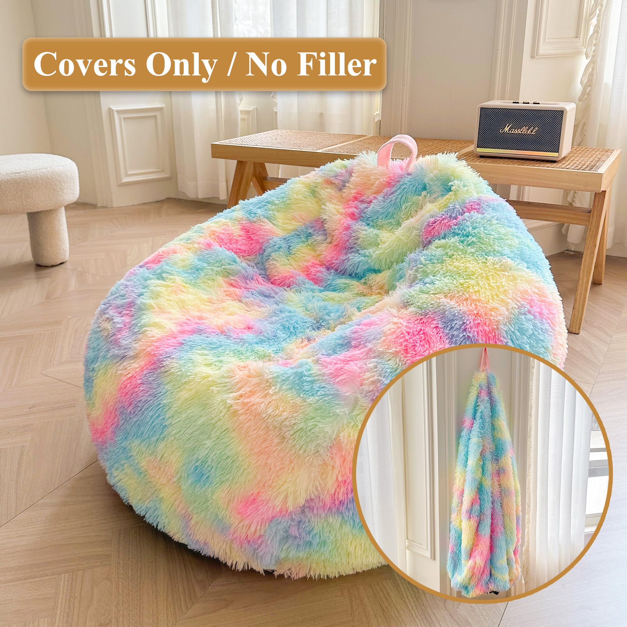 XeGe Kunstfell-Sitzsackbezug für Wohnzimmer (ohne Füllung), tie-dye Flauschiger Kuscheltier-Speicher-Sitzsackbezug, pelziger großer Sitzsack Erwachsene, Jugendliche, Kinder, Mädchen, Regenbogen