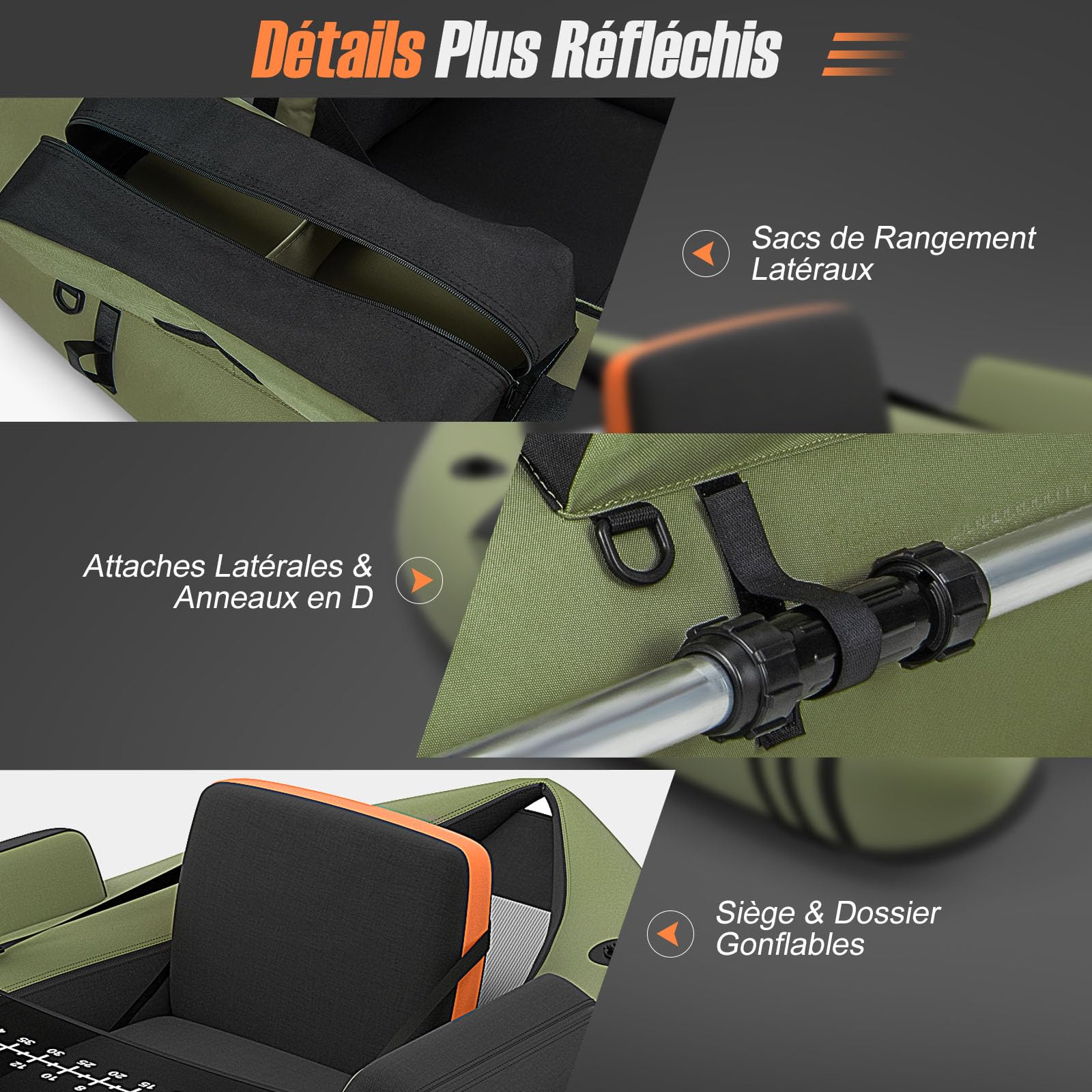 GYMAX Bateau Pêche Gonflable Portable, avec Pagaie, Règle à Poisson, Porte-Canne, Palmes, Pompe, Poches de Rangement, Tansport Pratique avec Bandoulières