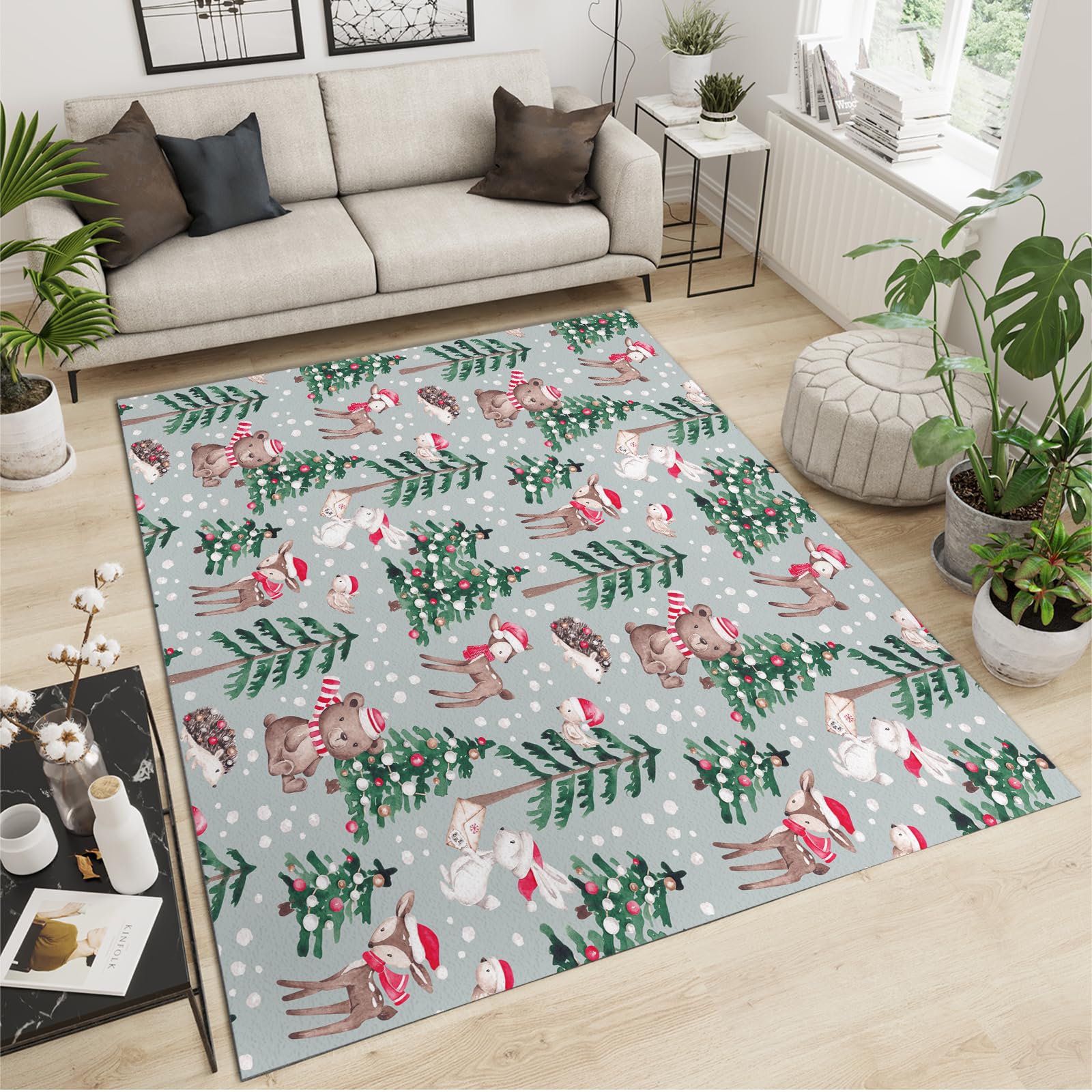QDJKBL Area Rugs 60 x 120 cm Green Pine Tree Fawn Bear Animal, Gray Christmas Holiday Decoration Large Area Rug, Shock Absorption Carpet Easy Care Fast Drying for Teen Room Decor Dining Room
