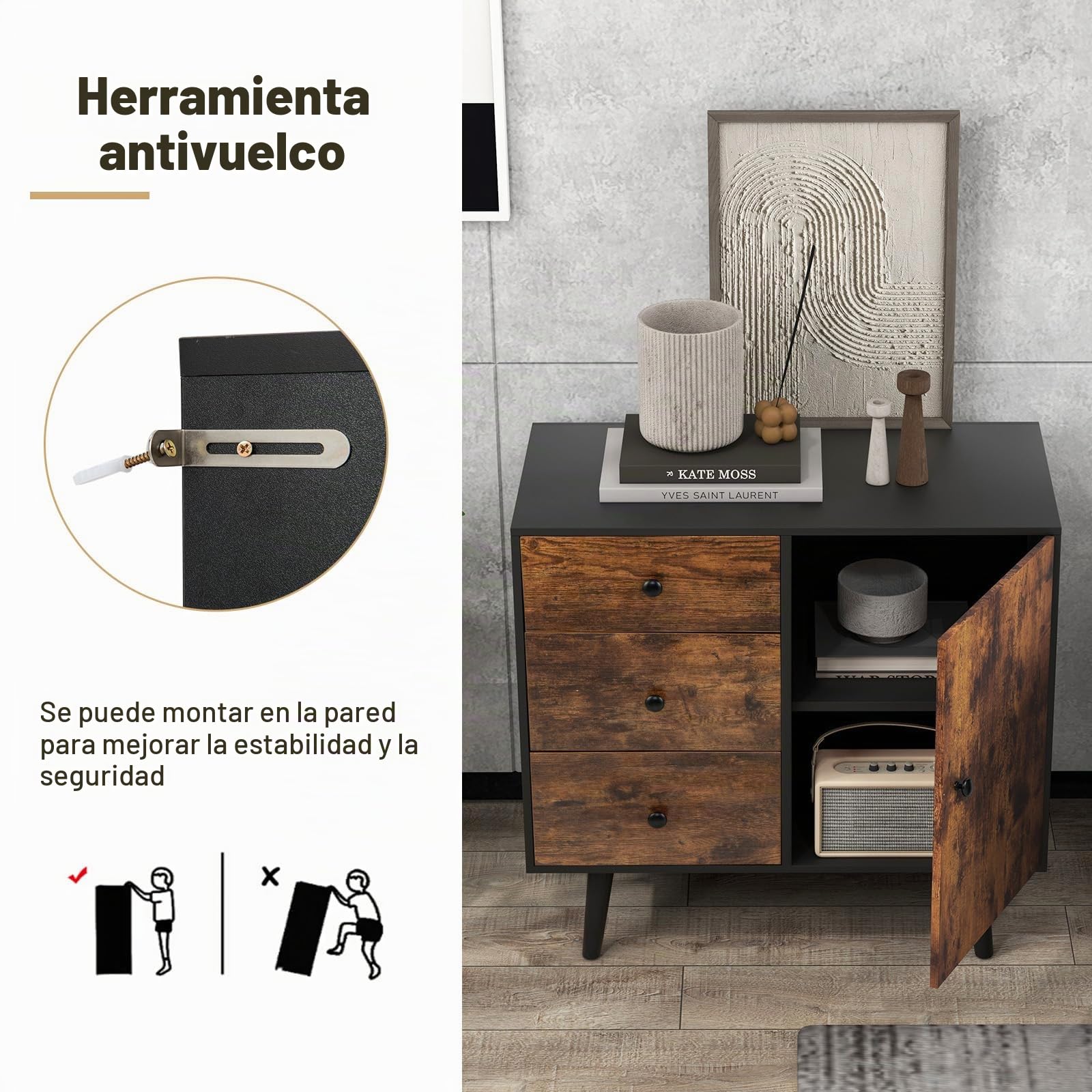 KOMFOTTEU Aparador de Cocina Estilo Industrial con 3 cajones y 2 armarios