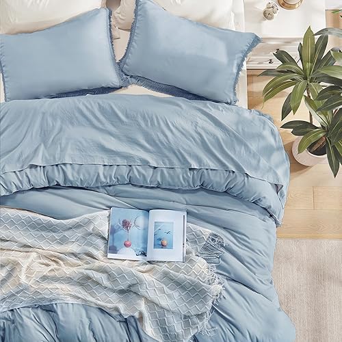 Miniatura 4 de Andency - Juego de edredón grisáceo azulado tamaño Queen de 3 piezas, juego de edredón de aseo ligero con borlas estilo Boho, juego de cama suave y