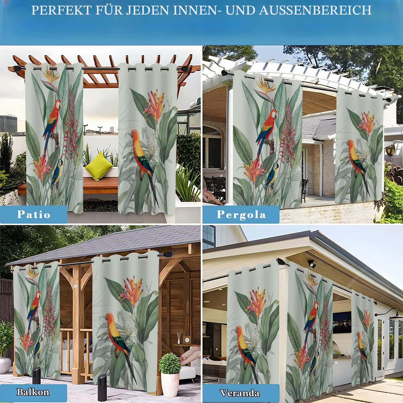 Outdoor Vorhang Wetterfest 2er Set Outdoor Vorhänge Blickdicht mit Ösen Vogel Outdoor Gardinen Sichtschutz für Balkon Pavillon Garten Terrasse Pergola B 132 x H 213 cm