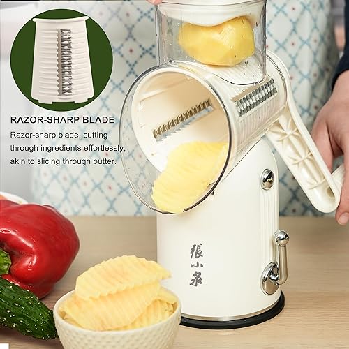 Vista 7 de Rallador giratorio de queso, manivela de mano con cuchillas intercambiables 5 en 1 y base de succión fuerte, trituradora de verduras, rebanadora