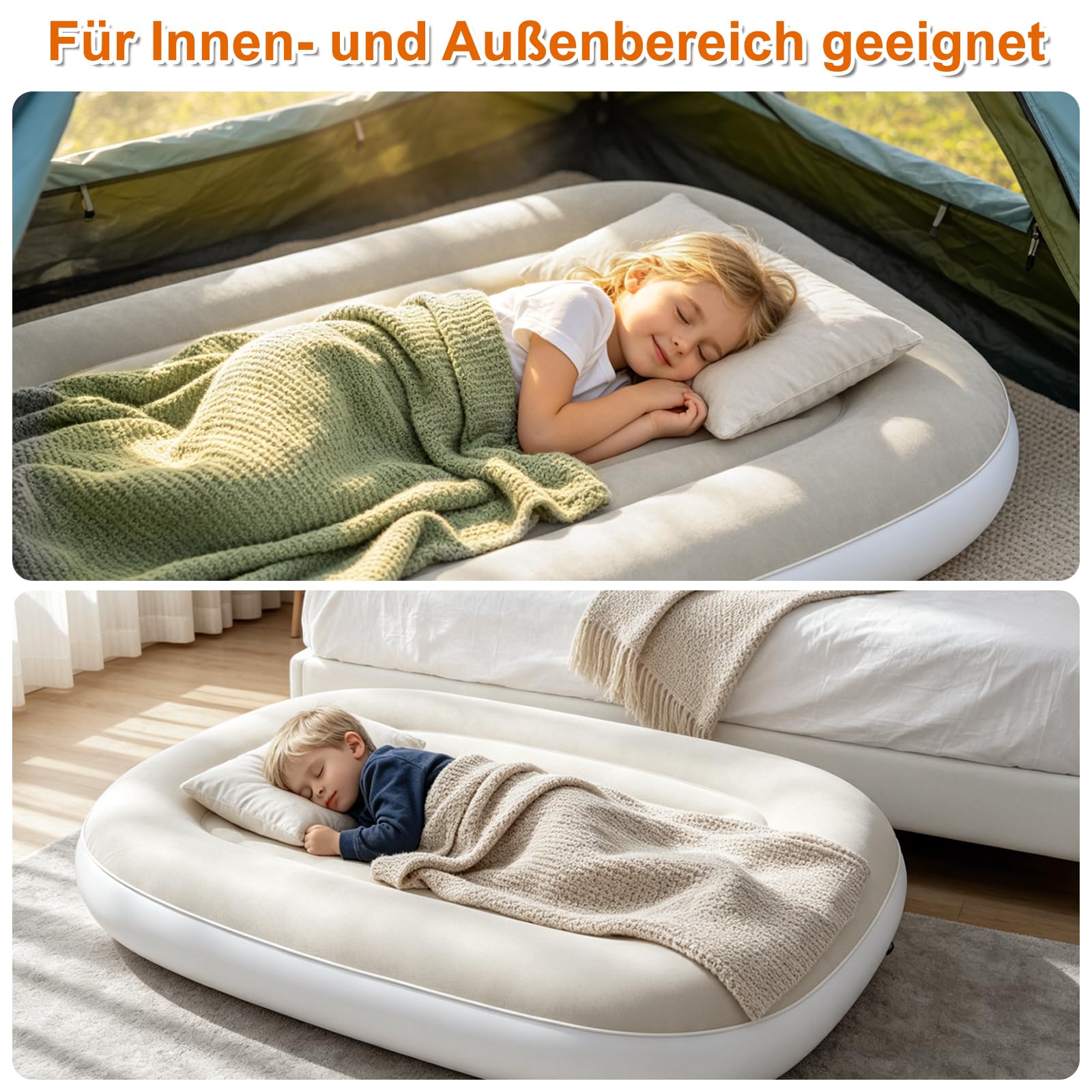 Kinder Luftbett aufblasbar mit Handpumpe, weiche beflockte Oberfläche, Reisebett für Kleinkinder
