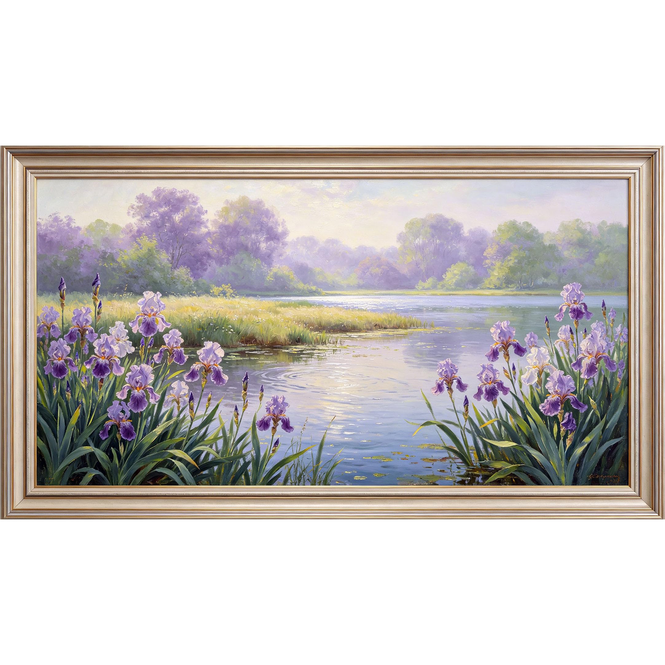 QZLITHOTIC 50×100cm 3D Framed Wall Art， Botanical Lake View with Purple Iris Flowers Self?Adhesive Mural， Water?Activated Peel & Stick Fabric Decor Wall Decal for Bedroom Living Room