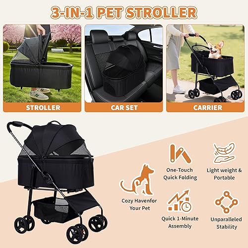 Miniatura 6 de Cochecito de perro para mascotas, cochecito plegable de 4 ruedas para perros medianos de 20 libras, con soporte para tazas, cesta de almacenamiento,