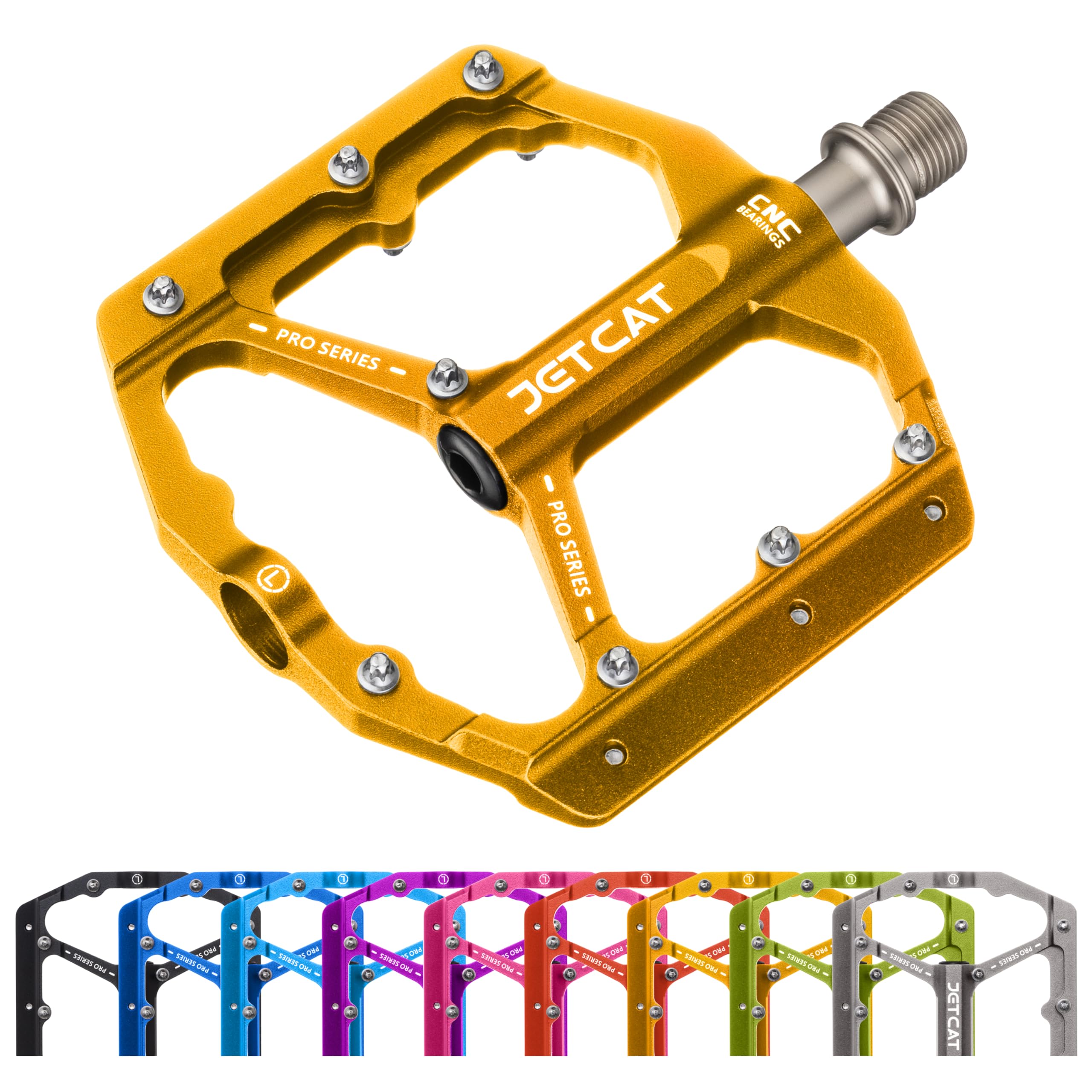 JETCAT Mountain Bike Pedals Flat - MTB Pedals Flat, Bicycle Pedals, Road Bike Pedals, BMX Pedals, for BMX MTN Road Gravel EBike, Specialized Parts, Adults, Aluminum Metal Stamp 9/16" Gold