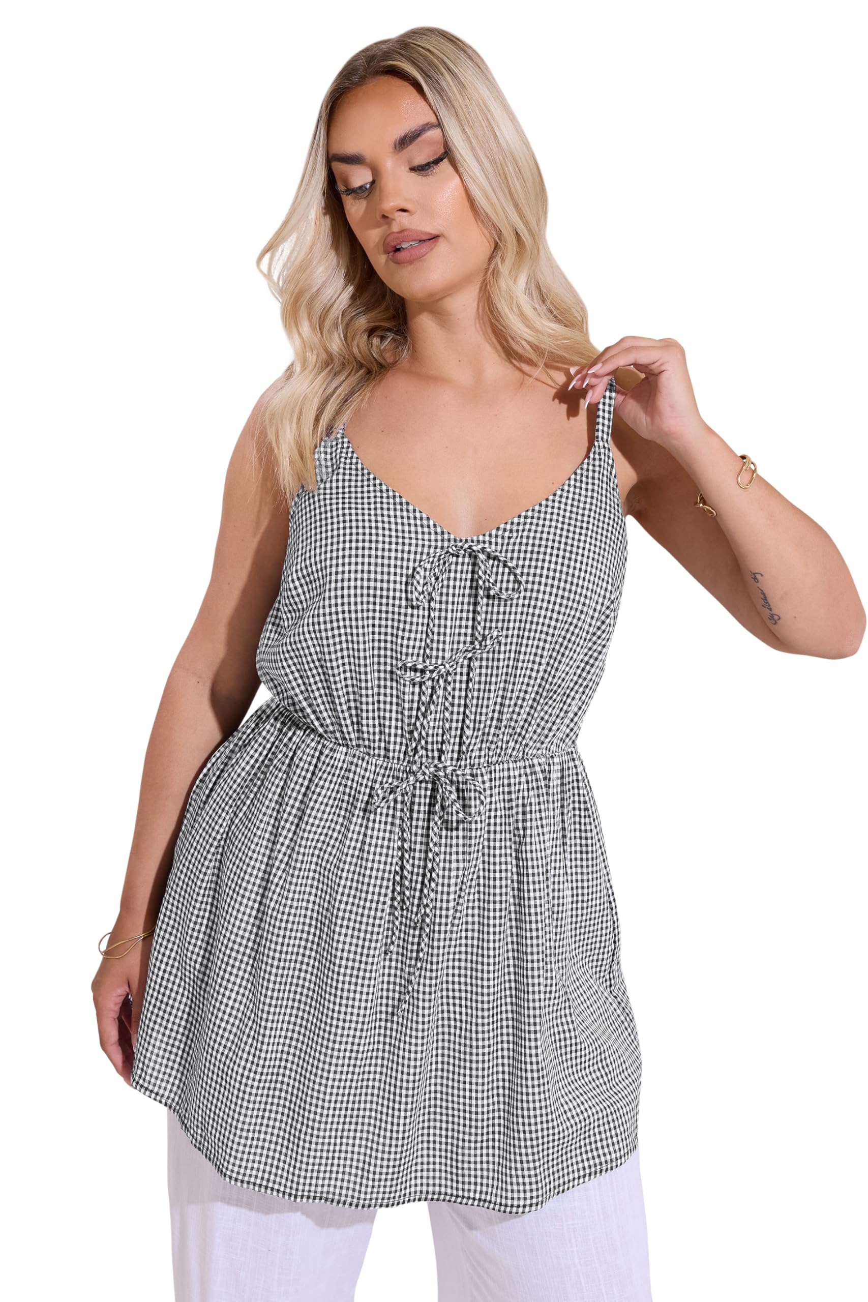 Yours Women's Black Curve & White Gingham Tie Front Cami Top - Plus Curve 18 Plus
