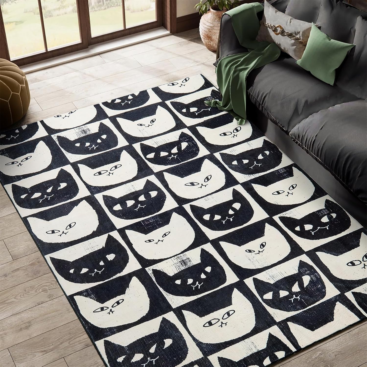Estmy Black and White Cat Washable Rug, Ultra Thin Stain Resistant Vintage Checkered Aesthetic Cute Accent Bedroom Carpet Boho Fun Retro Art 5x7 Area Rugs for Kitchen Entryway Living Room Dorm