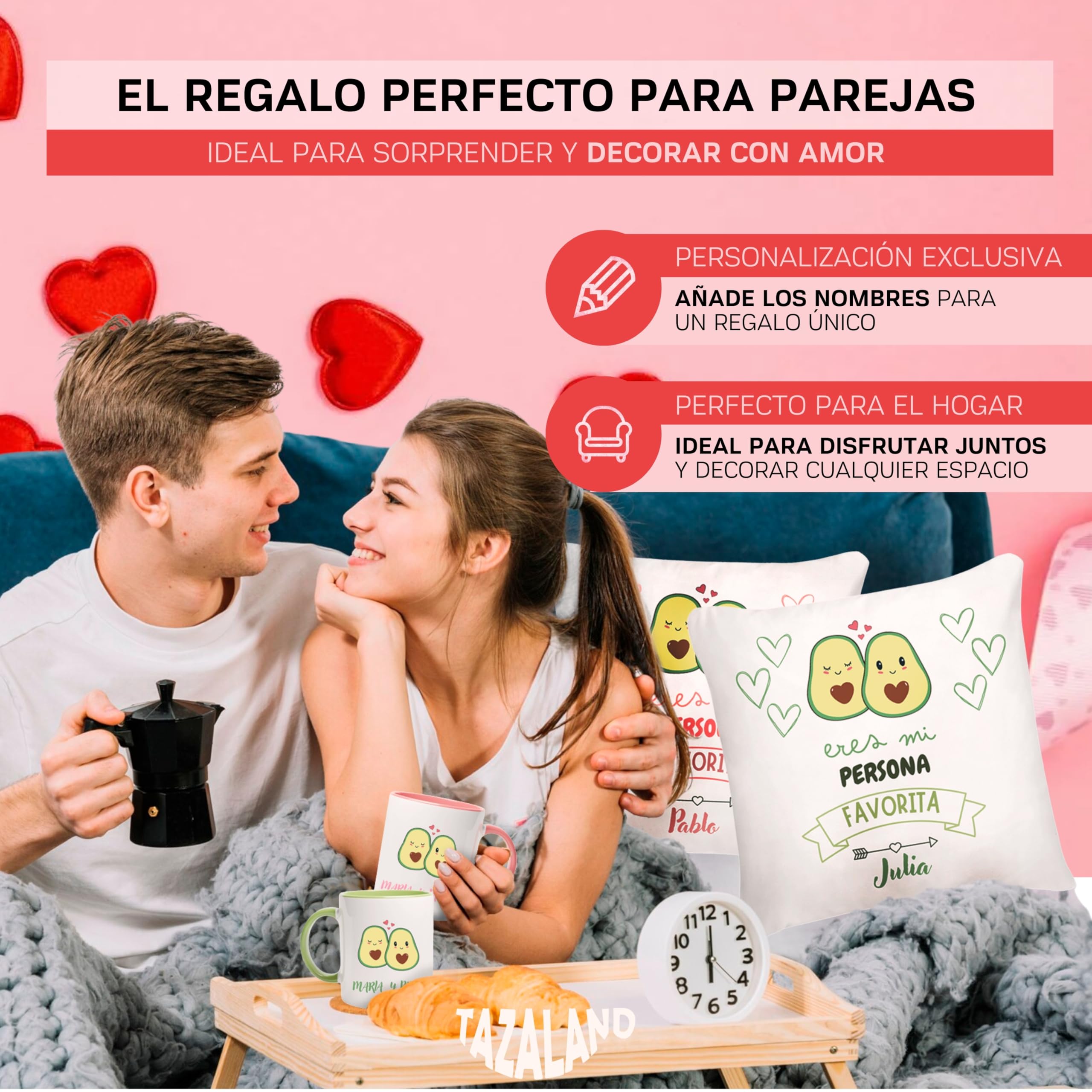 Regalo Personalizado San Valentín | Pack 2 Tazas y 2 Cojines - Aguacates | Regalos Originales Mujer Hombre | Regalos para Parejas, Novia, Novio | Detalles Románticos