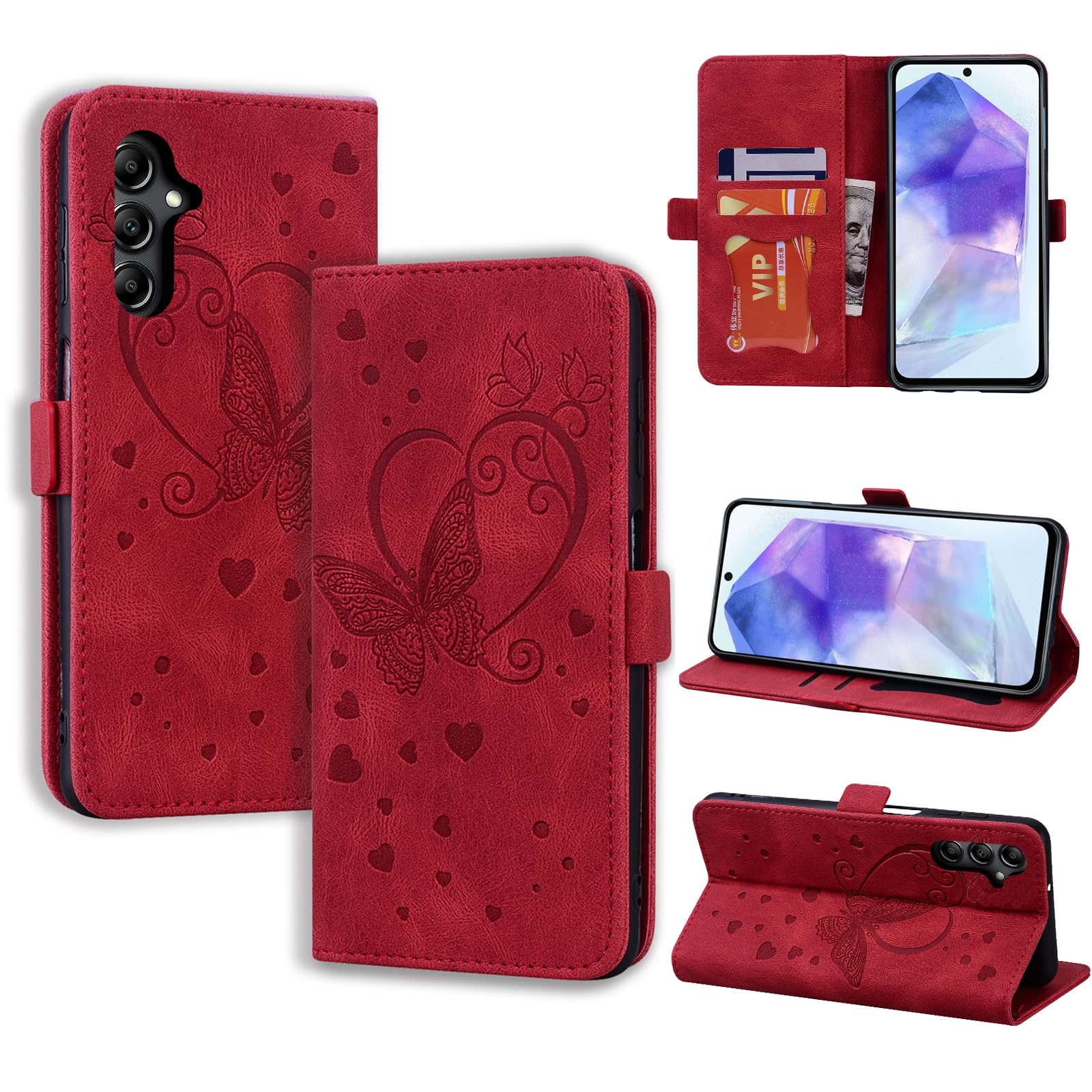 CASAFUNY Handyhülle für Samsung Galaxy A55 Hülle, PU Leder Tasche Cover mit Kartenfach Flip Case Magnetisch Klapphülle Schutzhülle für Samsung Galaxy A55, rot