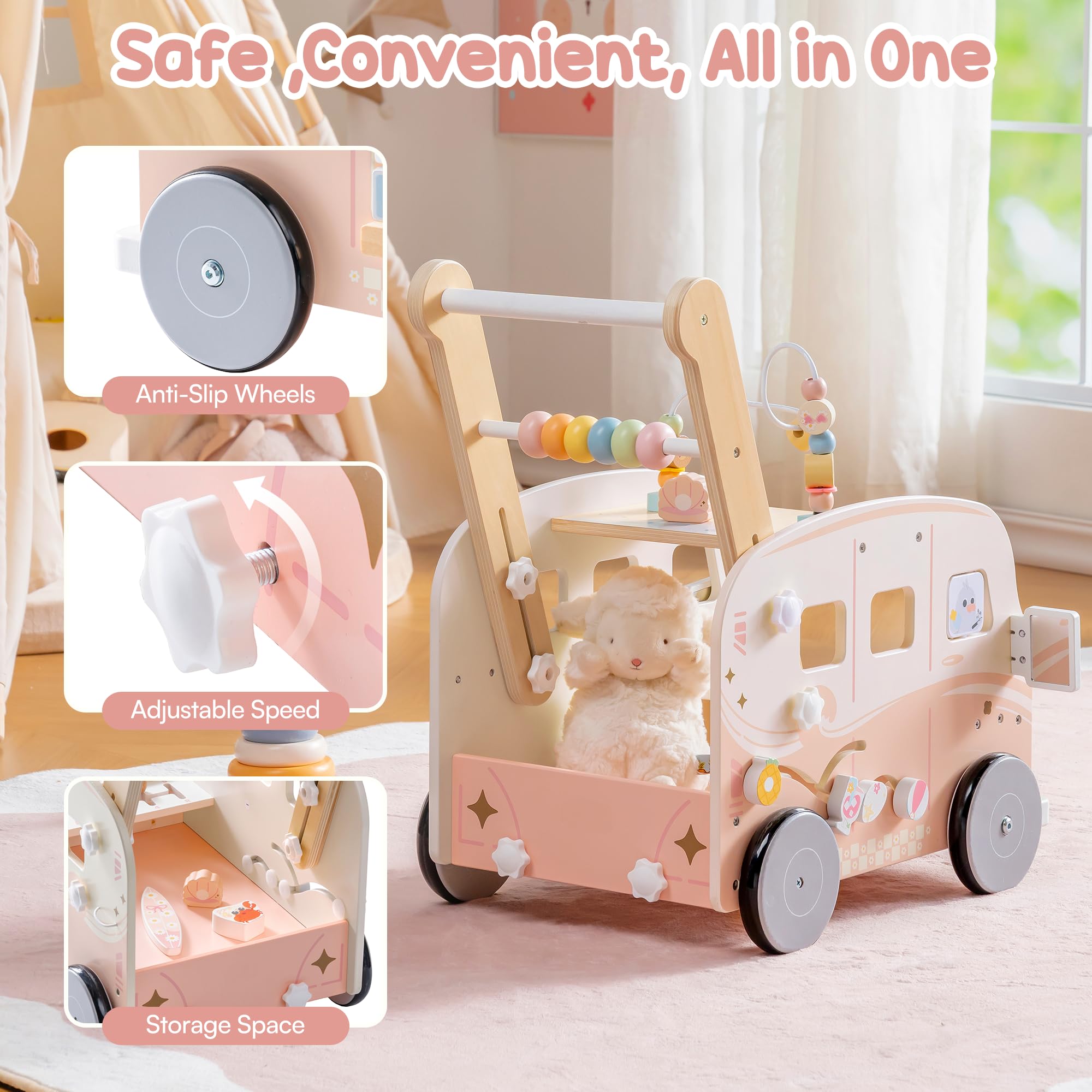 ROBOTIME Passeggino in legno, multifunzione, con regolazione dell'altezza e controllo della velocità, regalo per bambini da 10 a 36 mesi, sirena rosa