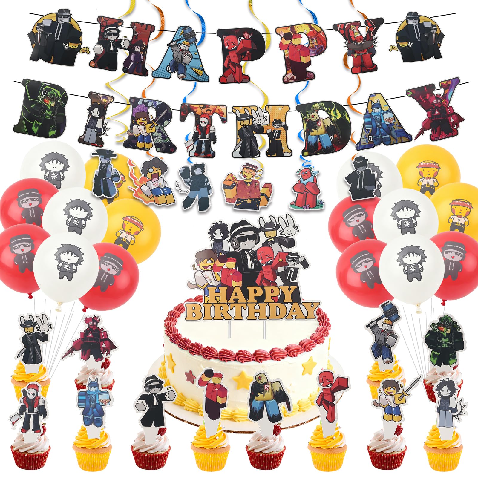 Birthday Party Decorations Supplies- 38pcs Anime Happy Birthday Banner Set includes Balloons Cake Decorations Cake Topper Cupcake Toppers Hanging Swirls, Birthday Decoration for Fan Girls Boys Party