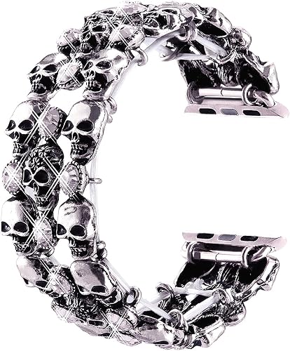VIQIV Skull Bands Compatible with Apple Watch Ultra Band 38mm 40mm 41mm iWatch Series SE 9 8 7 6 5 4 3 2 1, Diamond Rhinestone Stainless Steel Metal Bracelet Wristband Strap for Halloween Men women