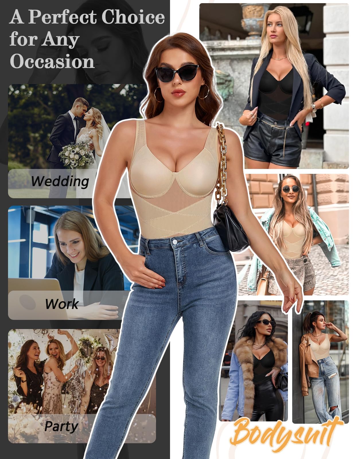 UMIPUBO Body Gainant Femme Ventre Plat Gaine Amincissante Bodysuit Shapewear Couture Camisole Top Corset Invisible Minceur Combinaison Filet Col V Body Shaper Sculptants avec Soutien-Gorge