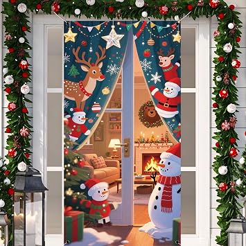 Christmas Door Cover,Christmas Door Decorations Xmas Decorative Front Porch Sign Decoration and Supplies for Home House Party Room Office Decor-71 35 inches Multicolor 01