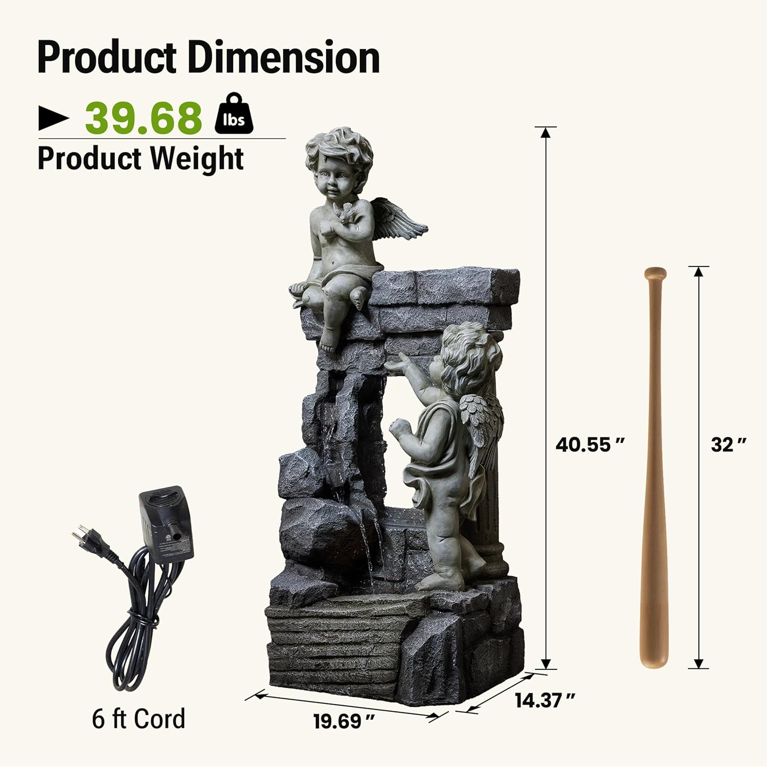 41-Inch Outdoor Water Fountain with Angels Statues, Cascading Stone-Look Resin Waterfall Fountain with 2 Warm LED Lights, Home Art Decor for Garden, Patio, Yard, Balcony, Deck, Lawn in White