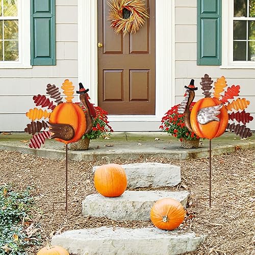 Miniatura 6 de Lulu Home Decoraciones de pavo de Acción de Gracias, juego de 2 estacas de pavo de metal, decoración de otoño, decoración de otoño para exteriores