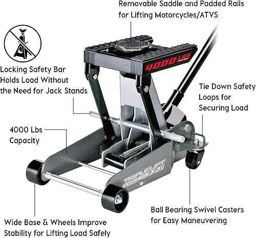 Miniatura 3 de Powerbuilt 2 Ton Triple Lift Floor Jack, Lifts Cars, Trucks, Motorcycles, ATV's, Transmissions, Tie-Down Loops, Locking Safety Bar - 620422E, Silver