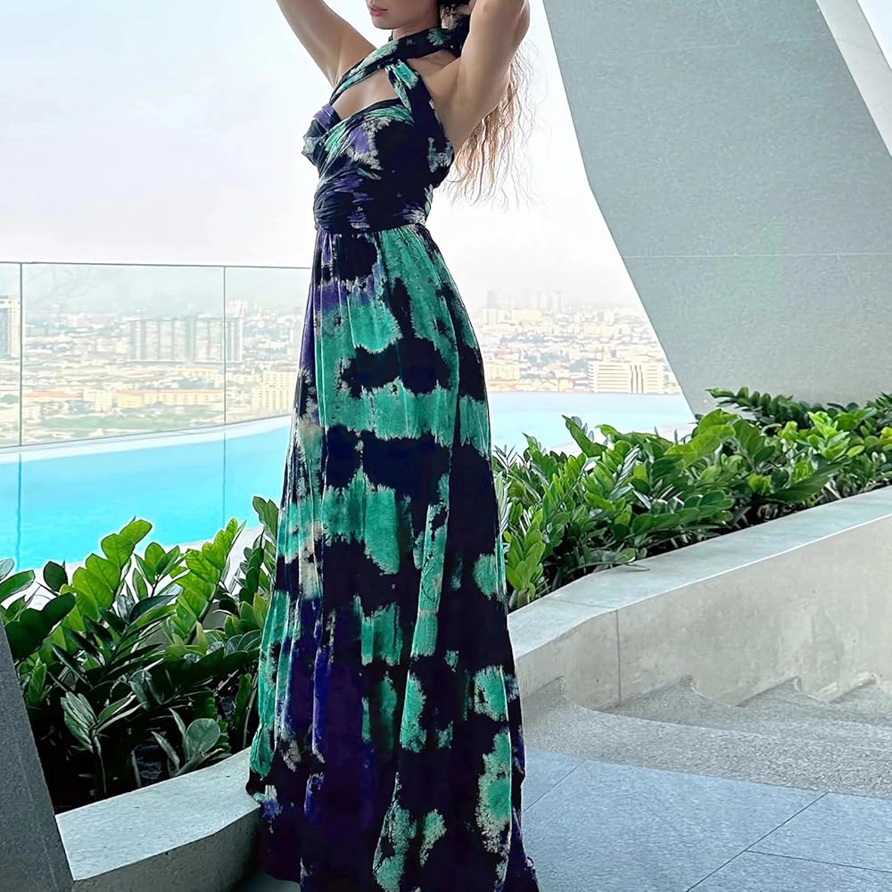 HGKPFGTF Women's Tie Dye Long Dresses Sleeveless V-Neck Elegant Printed Summer  Maxi Dress Sundress,Blue,S at Amazon Women's Clothing store