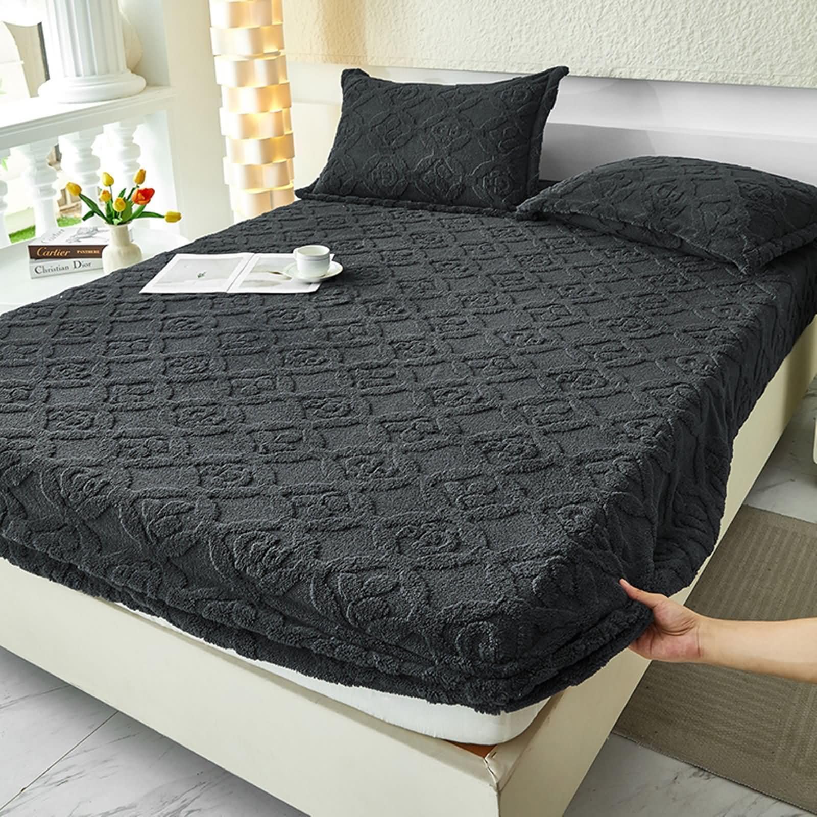 Lenzuola Matrimoniale Flanella con Angoli, Tinta Unita con Motivo a Foglie, 200 x 220 CM, Grigio Scuro