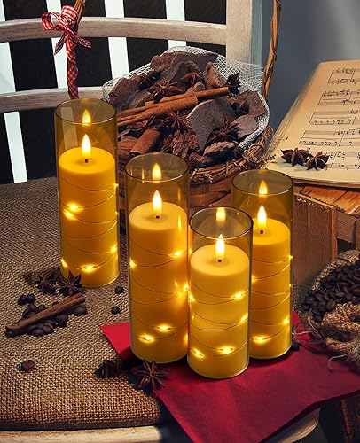 Miniatura 8 de ACROSS Juego de 3 velas parpadeantes sin llama con cadena de luz integrada, pilar de cera real 3D en forma de lágrima en forma de lágrima LED con