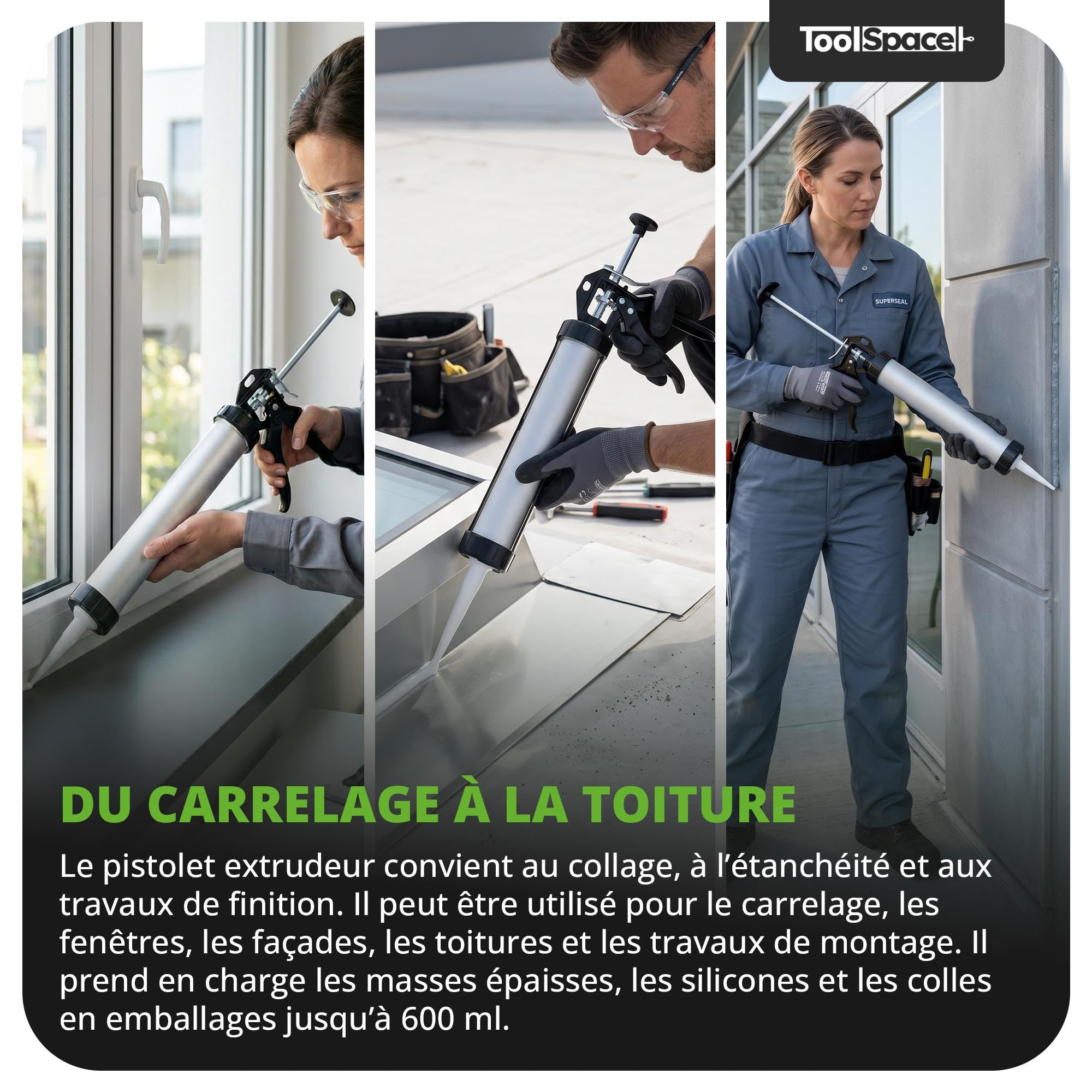 ToolSpace Pistolet à Cartouche Presse à Mastic Extrudeuse Silicone Applicateur Usage Intensif pour Colles Mastics Joints Mortiers Résines Antirouille Ergonomique - 600 ml en Aluminium