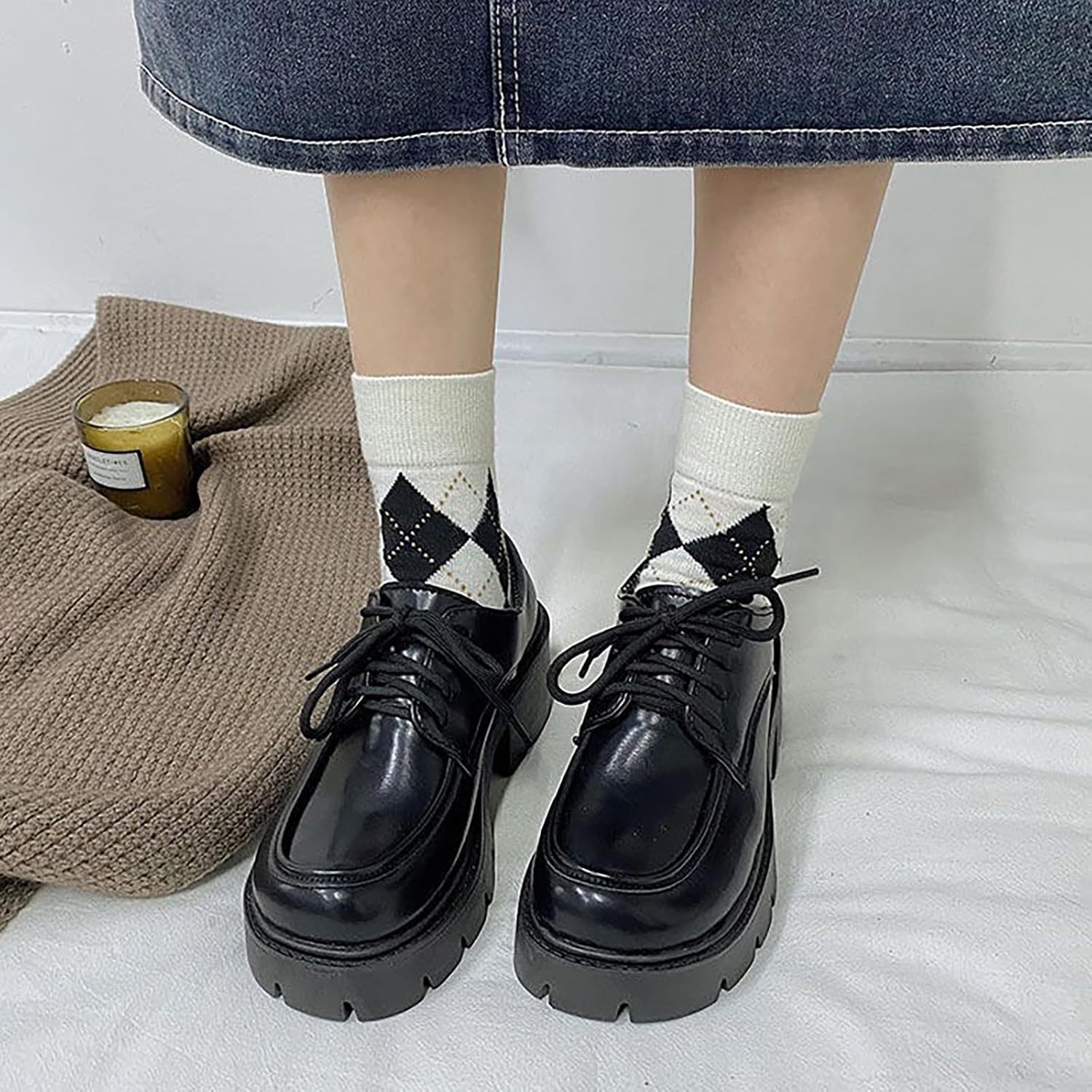 Women's Black Leather Platform Chunky Heel Oxfords Round Toe Lace Up Lug Sole Dress Shoes Fashion Work Business Shoes