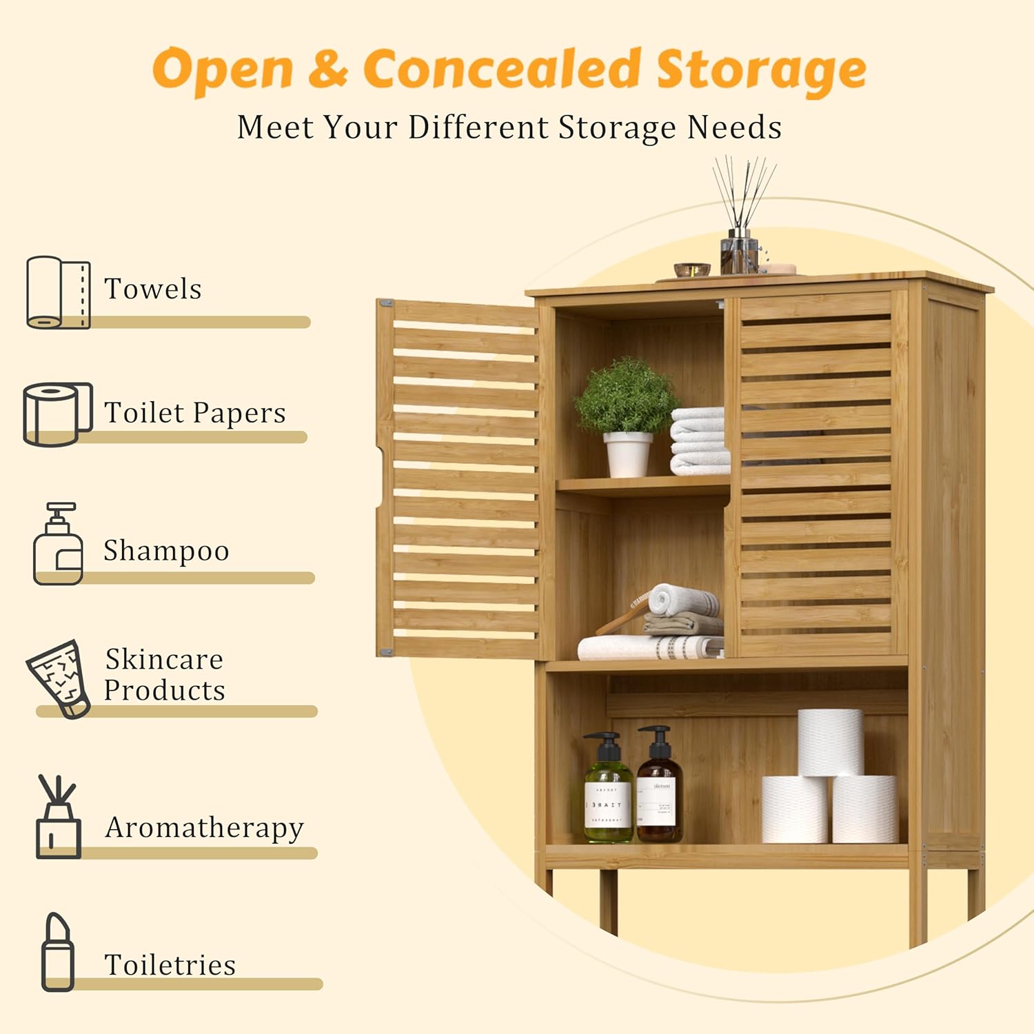 Yardenaler Over-The-Toilet Storage Shelf with Doors, Bathroom Freestanding Bamboo Organizer Space Saver with Adjustable Shelf, Natural