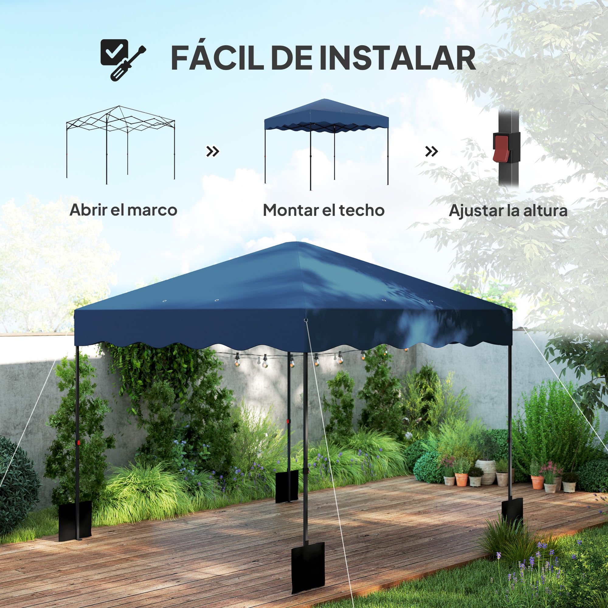 Outsunny Carpa Plegable Pop-up Gazebo 3x3 m Cenador Plegable con Protección UV 50+ Altura Ajustable Bolsa de Arena y Bolsa con Ruedas para Camping Fiestas Azul Oscuro