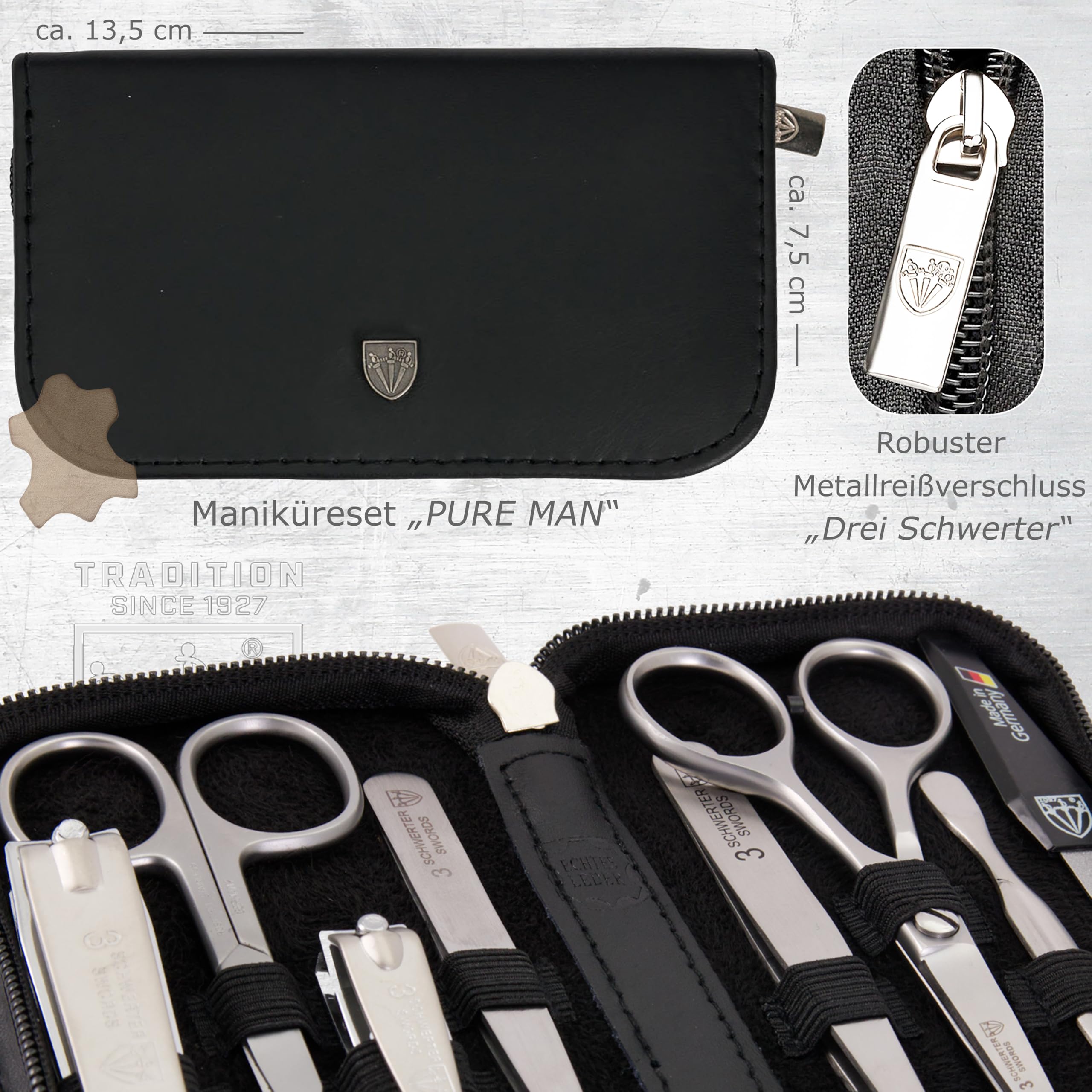 DREI SCHWERTER - Kit de manucure de 8 pièces pour hommes | Kit de soin des ongles de qualité supérieure dans un étui en cuir véritable. Couleur : noir | Contenu : kit d'ongles, 8 instruments avec