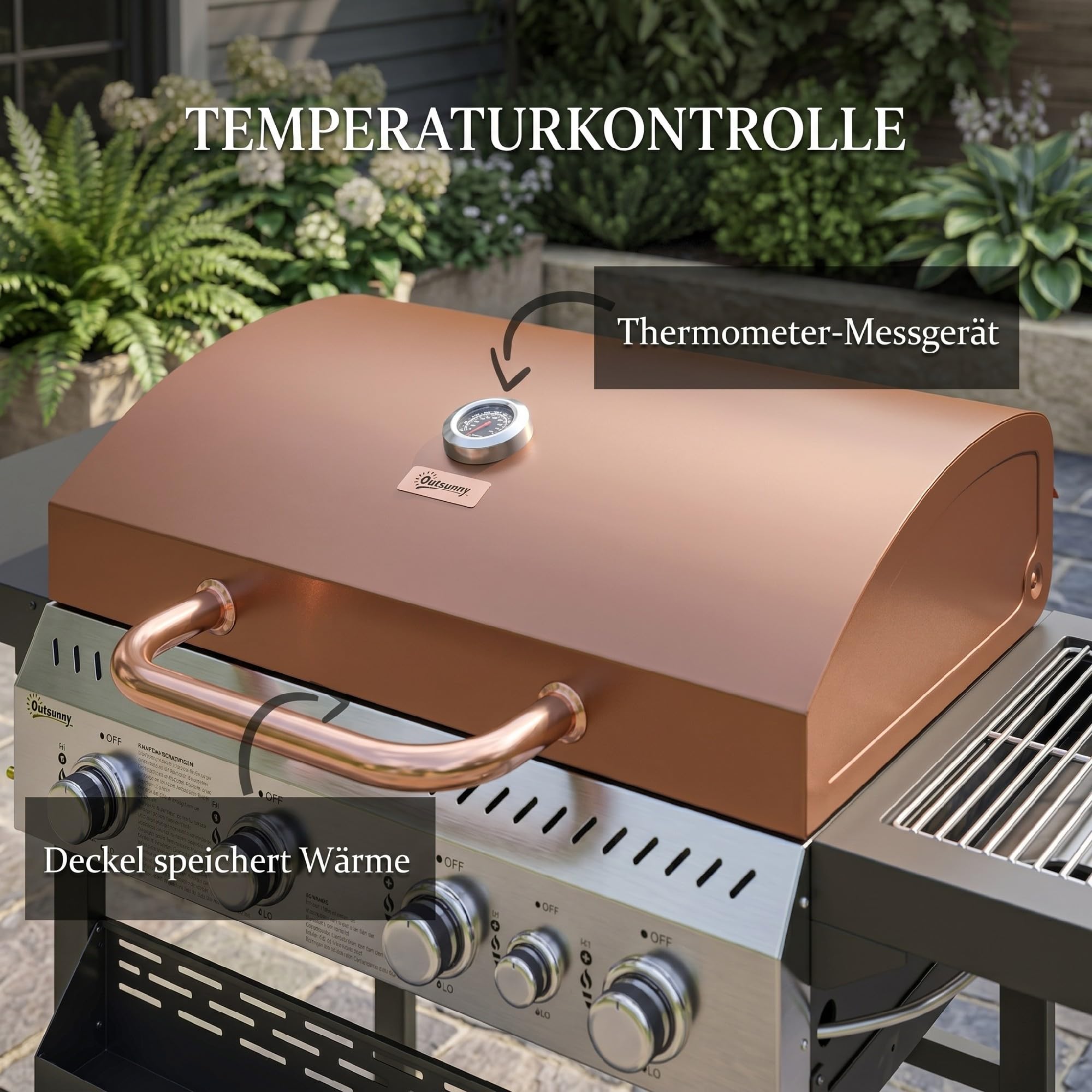Outsunny Gasgrill 12 KW 4+1 Brenner BBQ Grillwagen aus Edelstahl mit Seitenbrenner, Thermometer, Grillrost, Kochfeld, Flaschenöffner und Seitenablagen Gasgrill für Camping Balkon 135 x 55 x 103cm