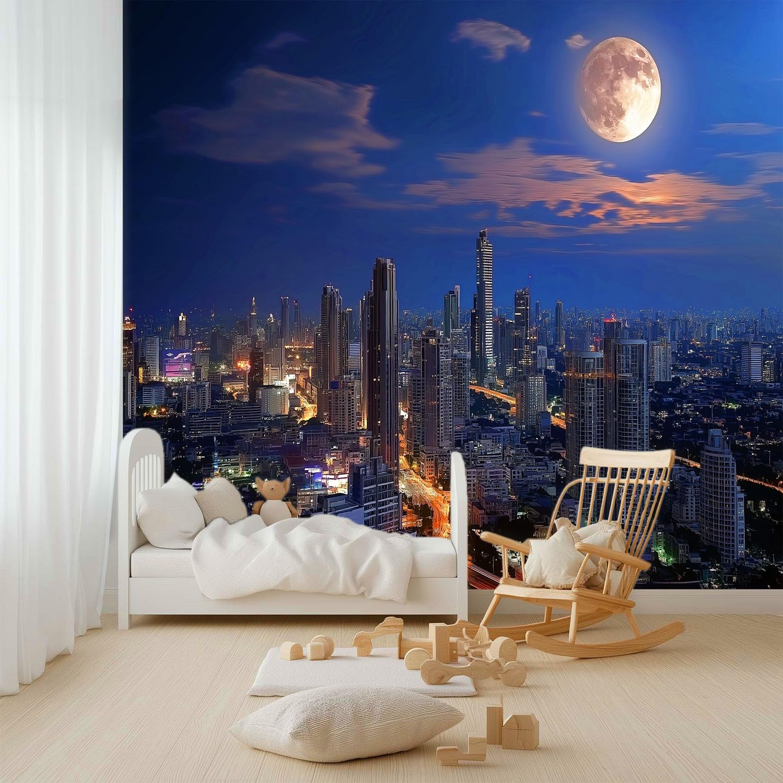 Fototapeta z włókniny, efekt 3D, 200 x 140 cm, nowoczesna dekoracja ścienna, miasto, drapacz chmur, widok nocny, ciemnoniebieska - panoramiczny obraz ścienny do salonu i sypialni, korytarza, duża