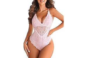 Light Pink Lingerie Teddy Lace Babydoll Bodysuit With Deep V-Neck and Snap Crotch