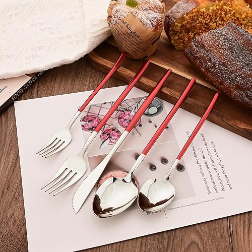 Miniatura 3 de Juego de cubiertos de plata y rojo brillante, 40 piezas para 8, juego de cubiertos de acero inoxidable 1810, vajilla pulida con espejo, incluye