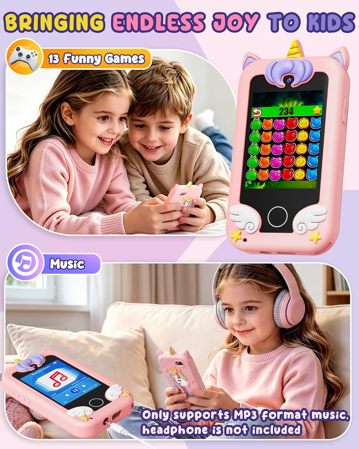 UCIDCI Unicorn Kids Smart Phone Toys for Girls Ages 3-7 with Dual Camera - Toddler Phone with Learning Games, Travel Toys with MP3 Music Player for Christmas, Birthday Gifts for 3 4 5 6 7 Year Old