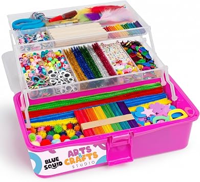 Blue Squid Arts & Crafts Box Pink- 2800+ pcs Deluxe Craft Supplies Box, 2 Drawers, 18 Compartments, Sturdy Handle - Art Crafting Kit Birthday Gifts for Kids, School Supply for Ages 4-12
