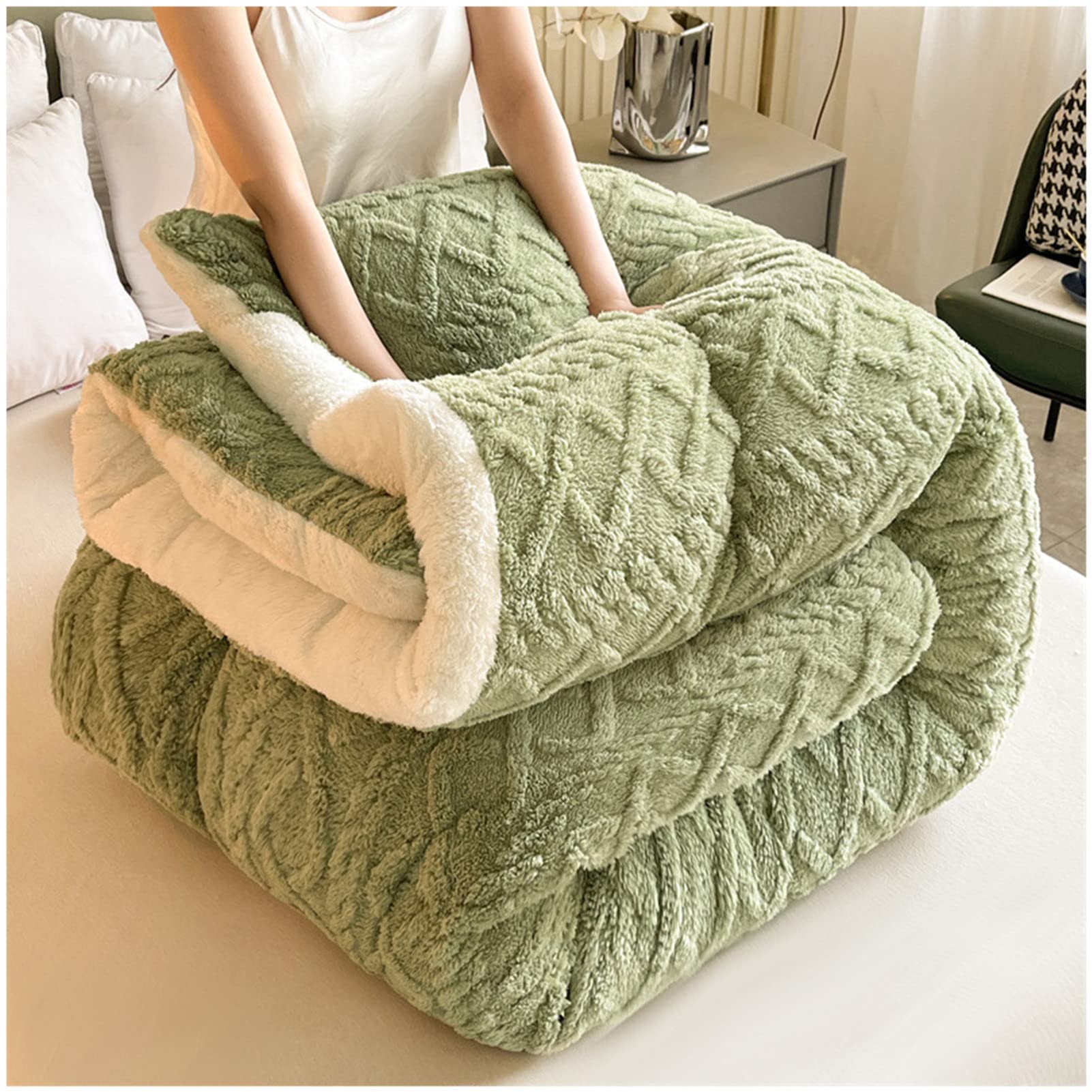 FFFF & OLFEH Winter Cotton Duvet,Thick Lamb Velvet Fabric Winter Quilt, Super Soft Flannel + Lamb Velvet Fabric, Thickened Warm Gift Quilt (Green,180×220CM-4.5kg)