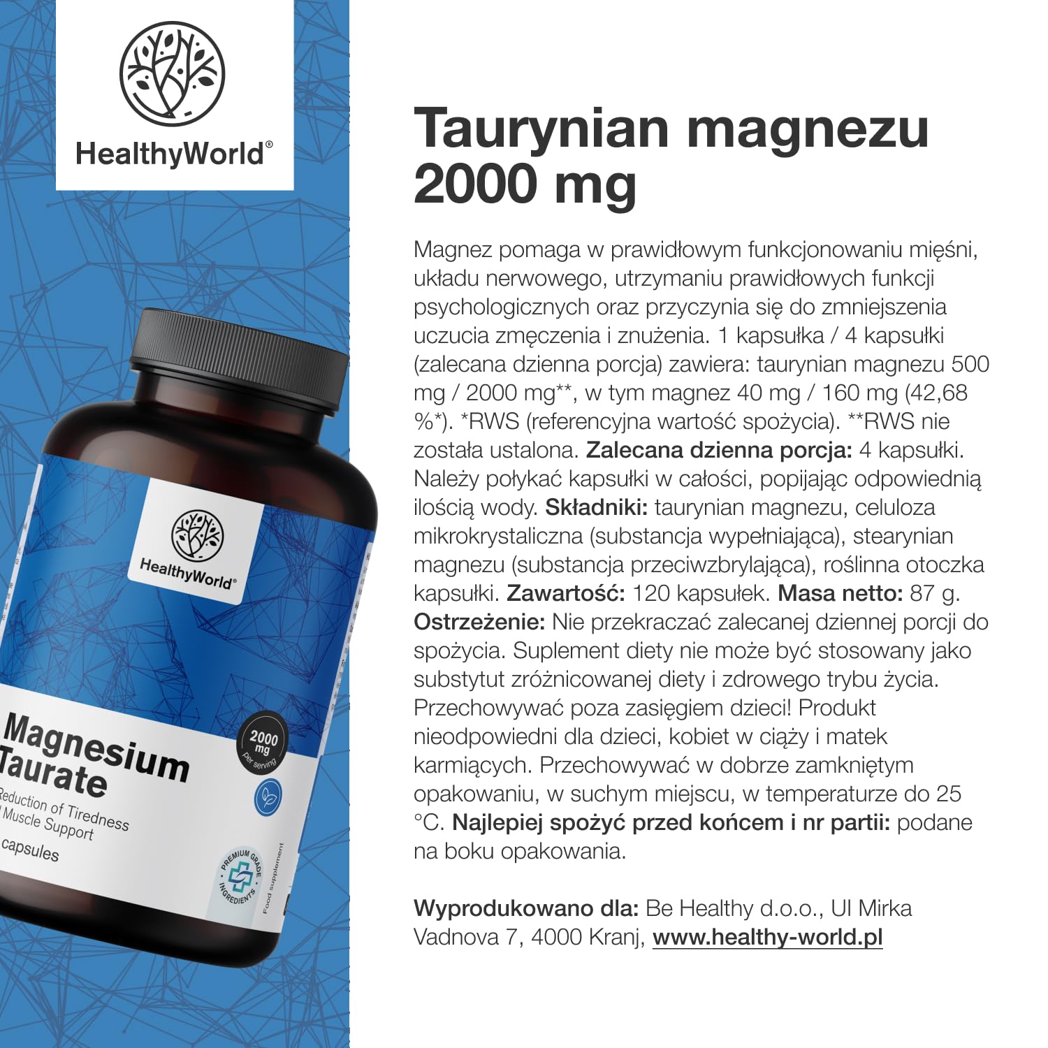 HealthyWorld Taurynian magnezu 2000 mg - 120 Kapsułek Roślinnych - Magnez + Tauryna - Wysoka Zawartość - Na Mięśnie i Układ Nerwowy - Łatwy do Strawienia