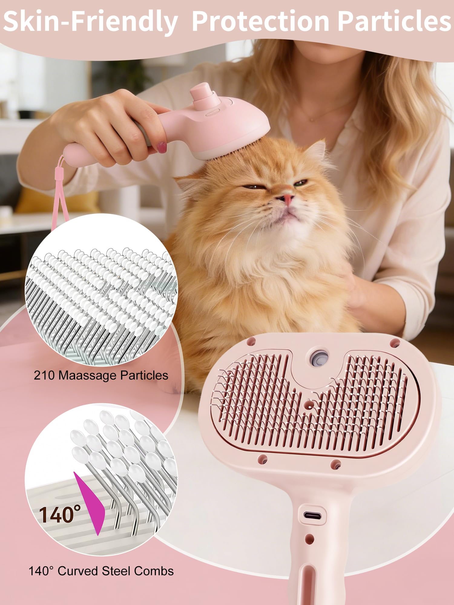 Cepillo de vapor para gatos 3 en 1, cepillo para gatos con botón de vapor y liberación, herramienta de aseo para mascotas de interior, eliminación de pelo, agua para animales pequeños, pelo largo y