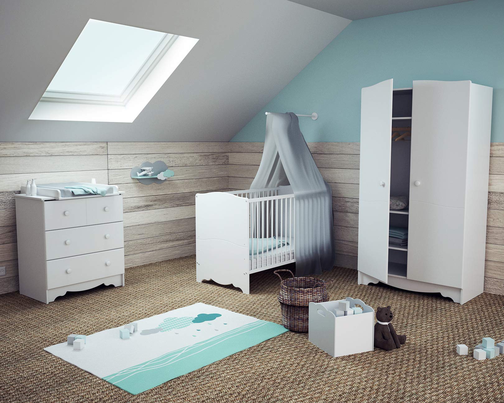 MARELLE Chambre bébé lit commode à langer armoire en bois blanc 60x120