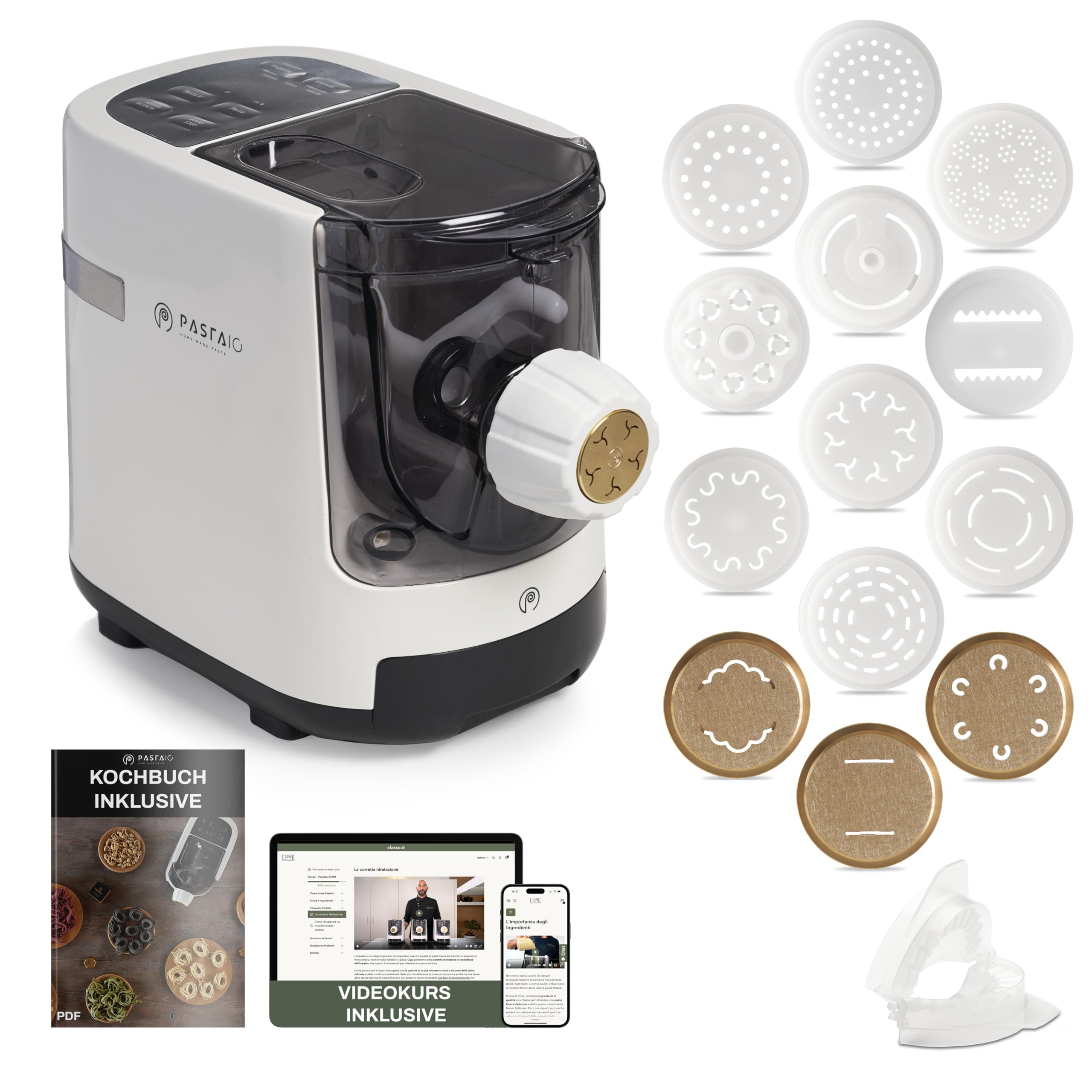 Pastaio Nudelmaschine mit 14 Aufsätzen, 3 aus Bronze, integrierte Waage, bis 800 g Teig, 19 Nudelsorten Classe Italy