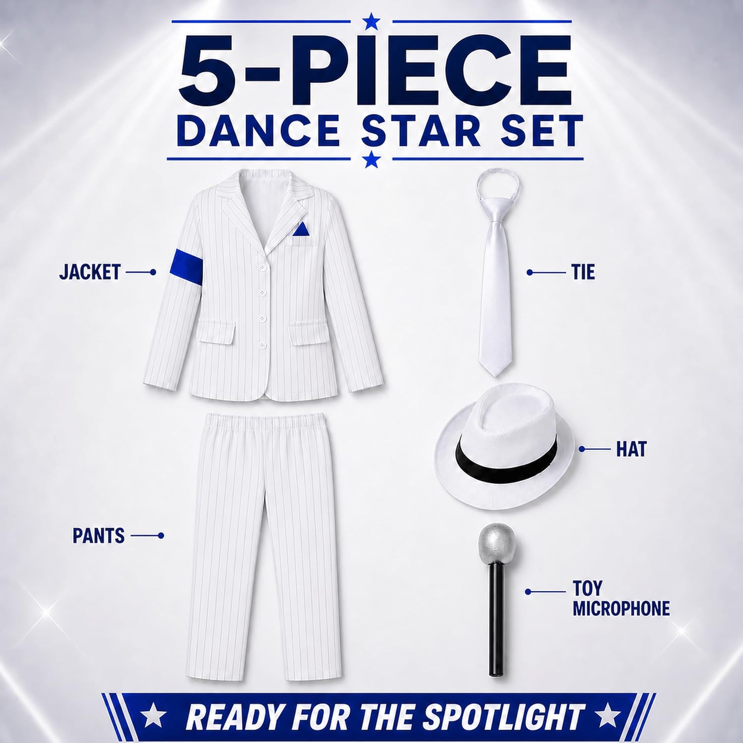 Kids Dance Star Halloween Costume, White Stripe Suit Set with Hat & Toy Mic image 2