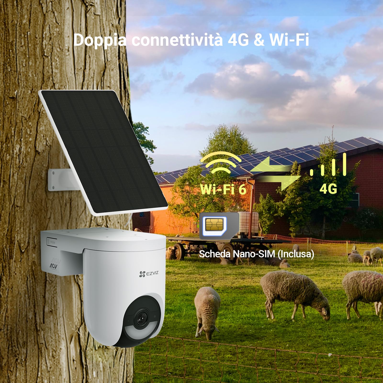EZVIZ HB8 Lite 4G Telecamera Wi-Fi Esterno Senza Fili con Pannello Solare, Risoluzione 2K+, Scheda SIM Inclusa, Connettività 4G LTE & Wi-Fi 6, Modalità AOV, Rilevamento Umano/Veicoli, PTZ 360°