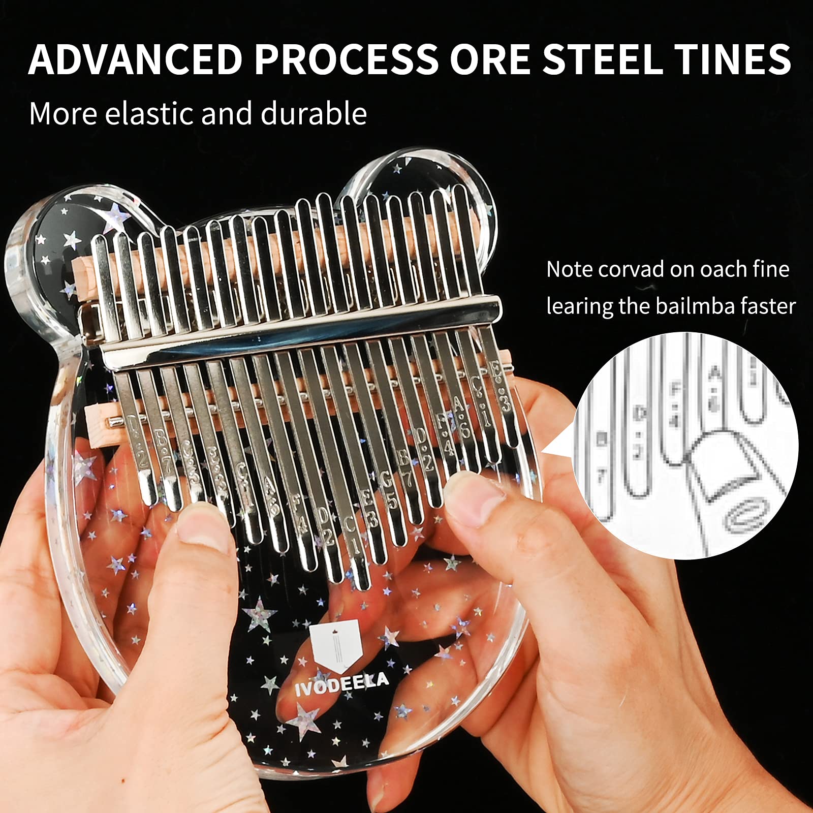 Kalimba 17 Tasten Daumenklavier, transparentes Marimba Acryl-Fingerklavier mit EVA-Tragetasche Stimmhammer Bedienungsanleitung und ständer,Musikalische Kalimba für Kinder Erwachsene Anfänger