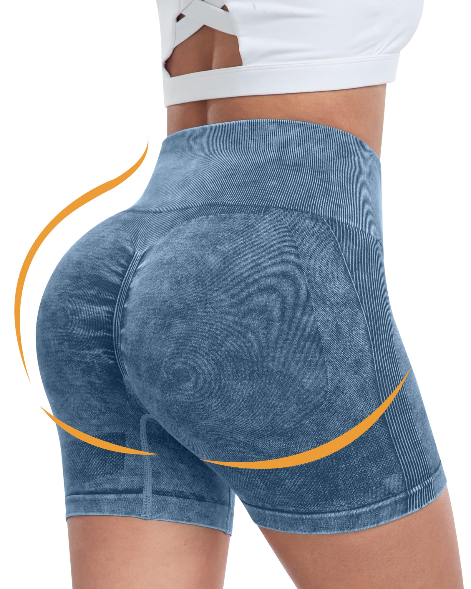 CHRLEISURE Women's 4 Packs Workout Gym Shorts, High Waisted Butt Lifting Scrunch Butt Seamless Booty Shorts: 4 Packs (Black, Wash Black,wash Navy, Wash Green ) Large