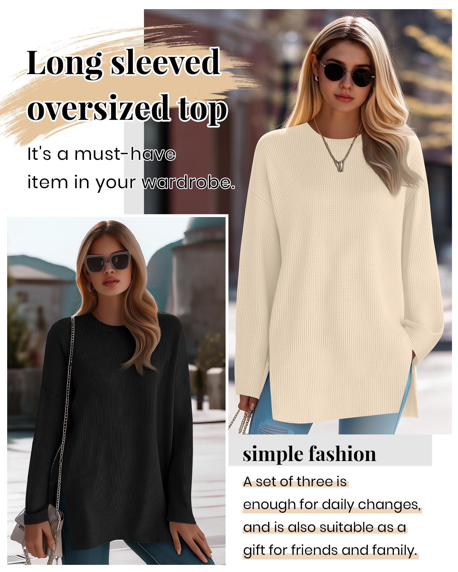 Tenare Lot de 3 Hauts Femme en Maille Waffle Manches Longues, Oversize Col Rond T-Shirts Amples Automne Hiver Basique Blouses