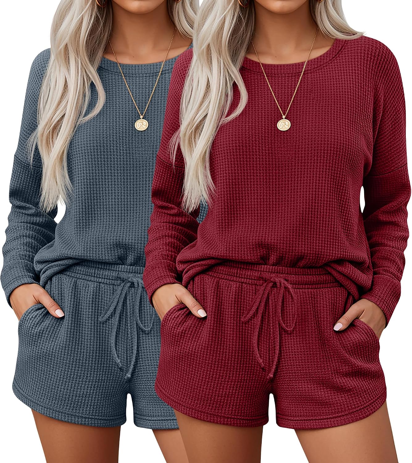 Neer 2 Pack Women's Pajama Sets Waffle Knit Top Shorts Matching