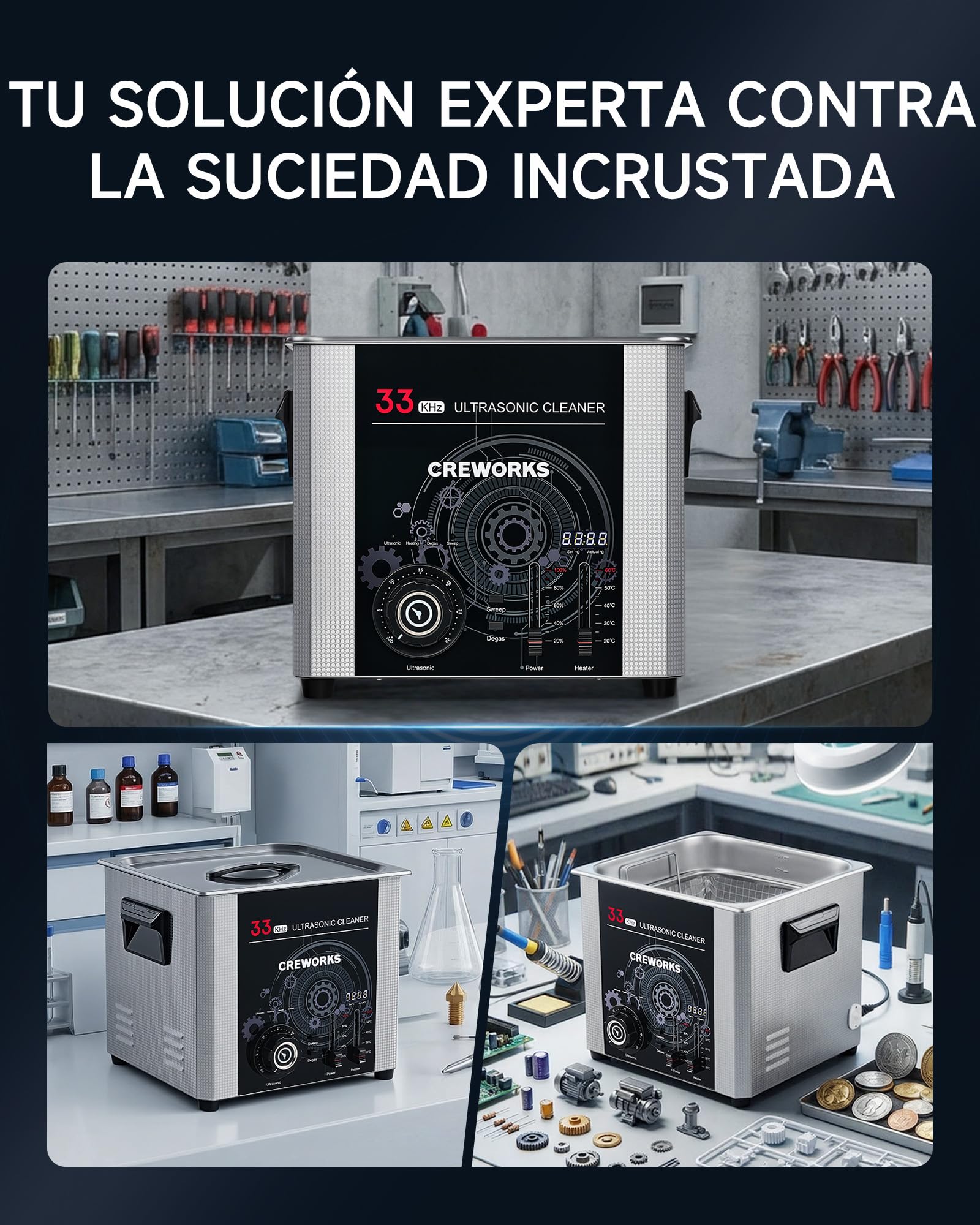 CREWORKS Limpiador Ultrasónico Industrial 15L, Limpiador Ultrasonidos 360W 33kHz,Temporizador y Temperatura Ajustables Potencia de Calentamiento de 450W