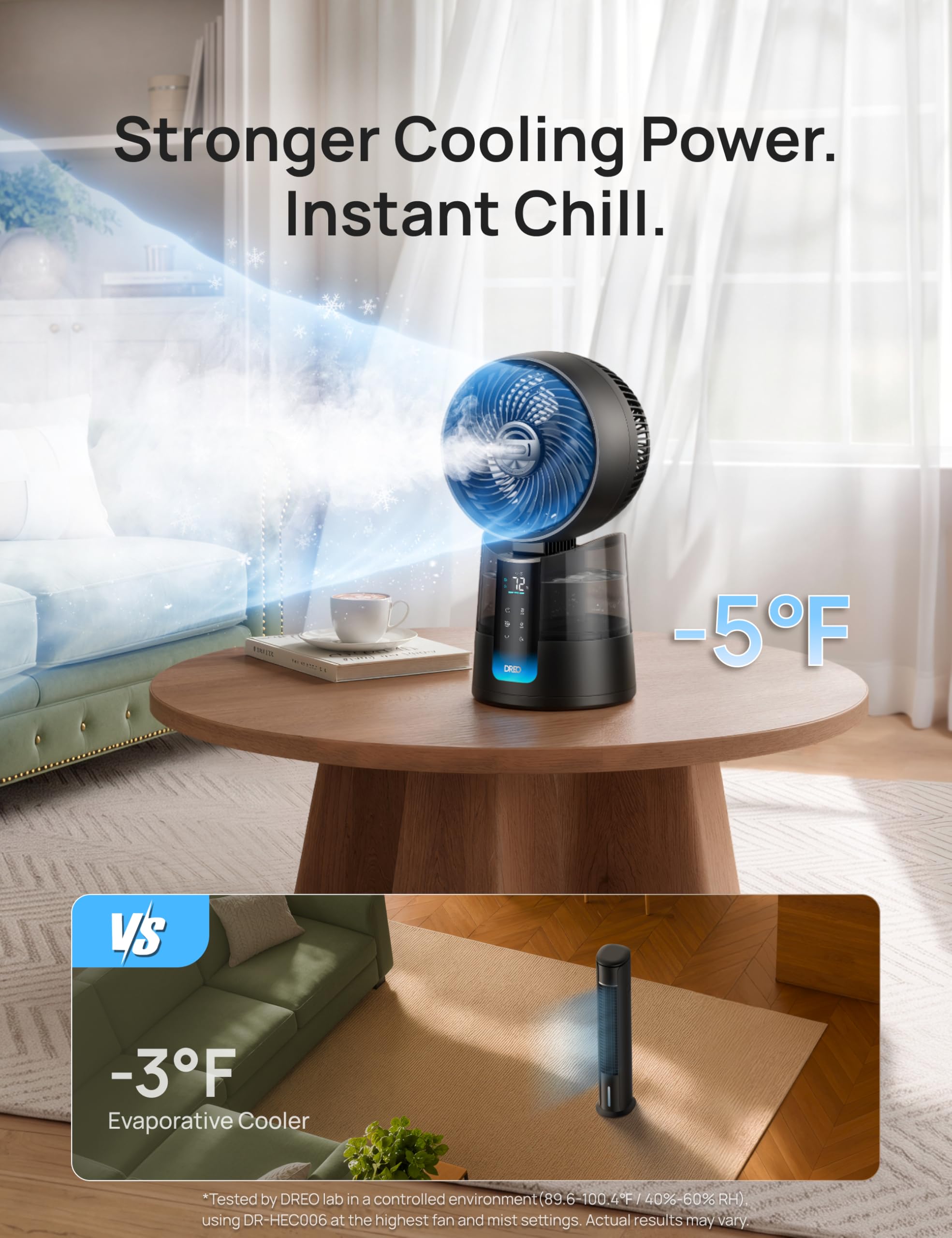 DREO TurboCool 516 Nebelventilator omnidirektionaler oszillierender Computerkühler, 150°+30°, Verdunstungsluftkühler, 7,9m/s Wind, ultradünner Nebel, 20dB